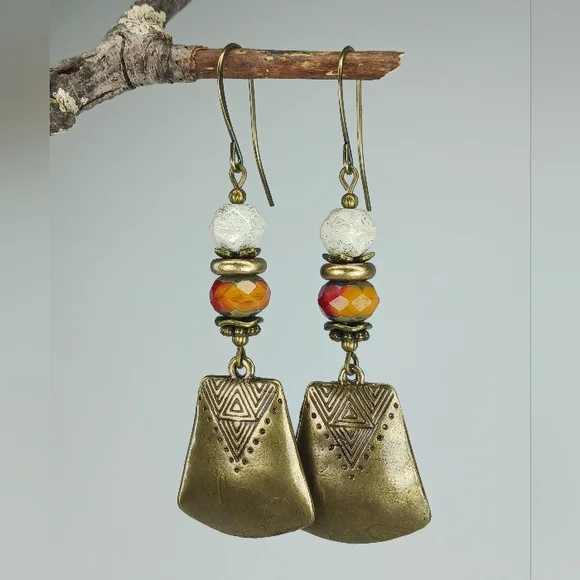 HAND CRAFTED Beaded Tribal Brass Dangle Earrings Red Orange Boho Rustic - Picture 4 of 6